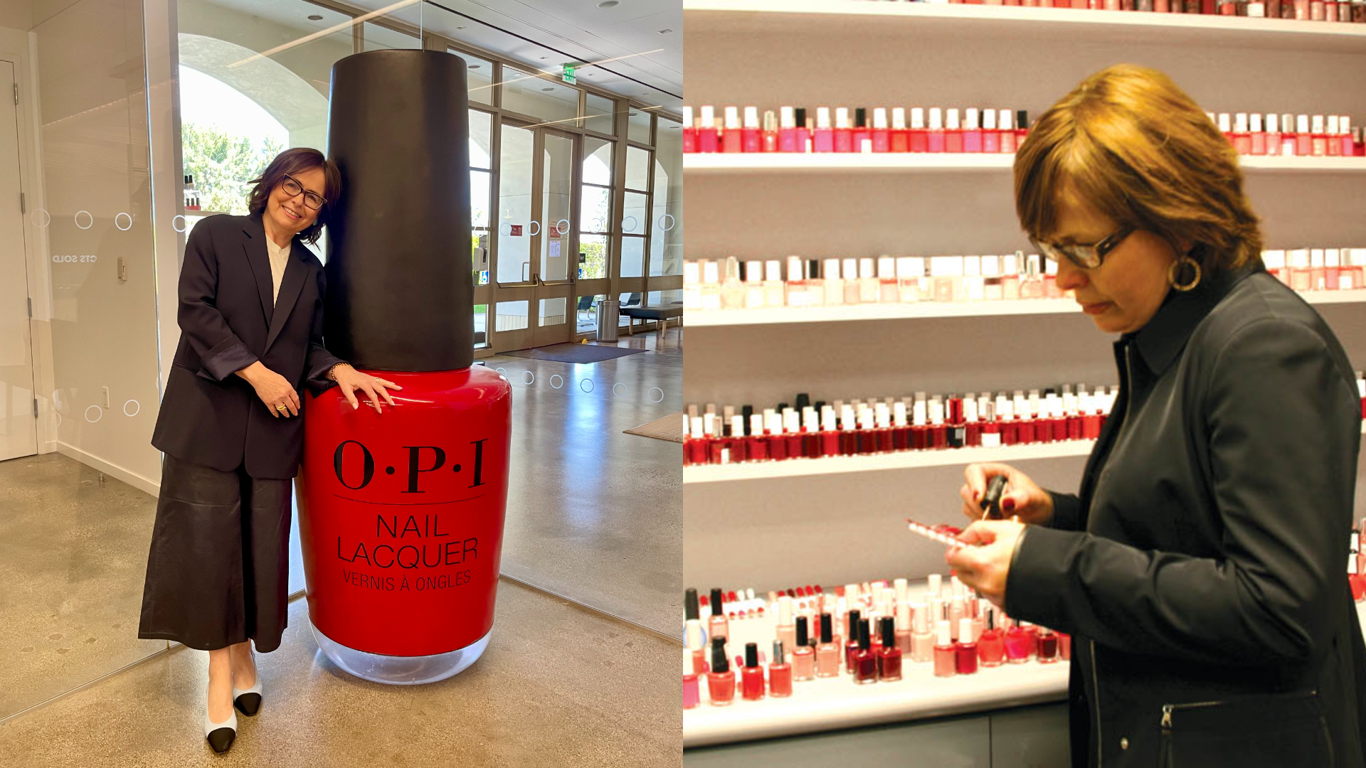 Side-by-side photos of Suzi Weiss-Fischmann posing beside an oversized red OPI nail polish bottle and painting a nail color swatch in front of shelves of polish.